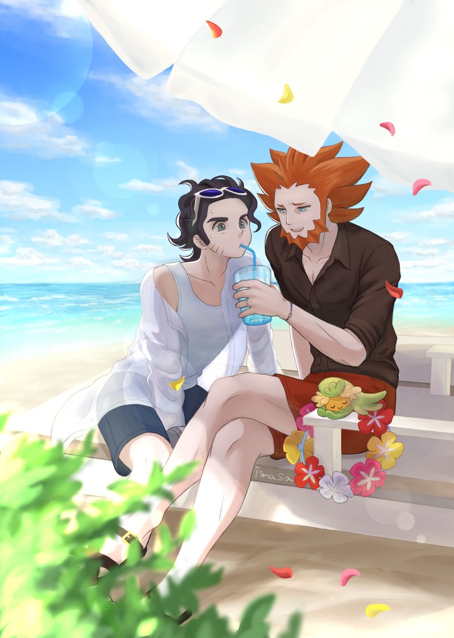 2boys alternate_costume professor_sycamore beach beard black_footwear black_shorts blurry cloud collared_shirt comfey commentary_request crossed_legs day facial_hair falling_petals feeding gen_7_pokemon highres im_i_masa knees lens_flare lysandre_(pokemon) male_focus multiple_boys nintendo orange_hair outdoors petals pokemon pokemon_(creature) pokemon_xy red_shorts sand sandals shirt shore shorts sitting sky sleeveless sleeveless_shirt smile water
