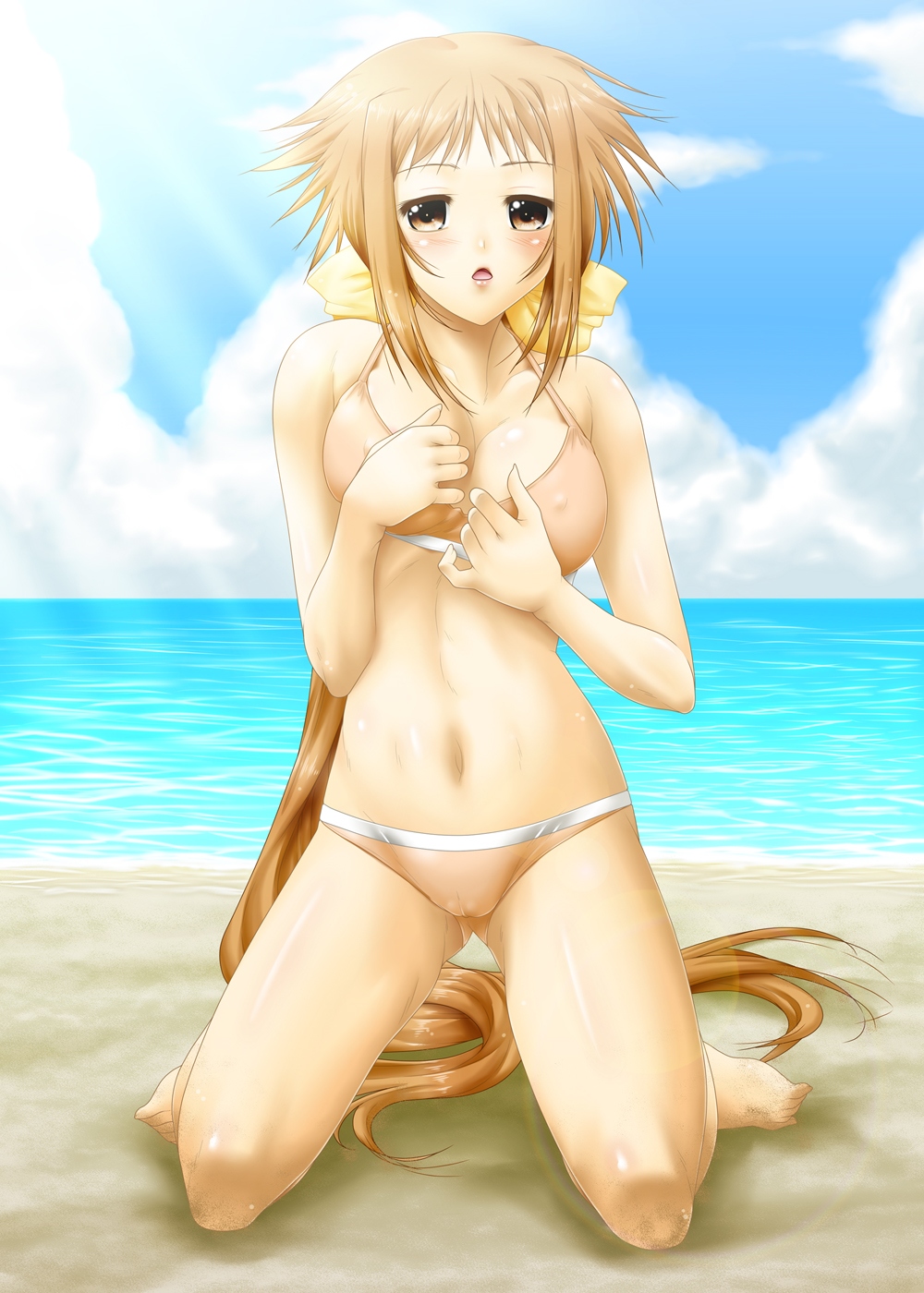 00s 1girl ayato bad_id bad_pixiv_id beach bikini brown_eyes brown_hair cameltoe day dieci_(nanoha) female_focus highres kneeling long_hair lyrical_nanoha mahou_shoujo_lyrical_nanoha_strikers numbers_(nanoha) sand solo swimsuit