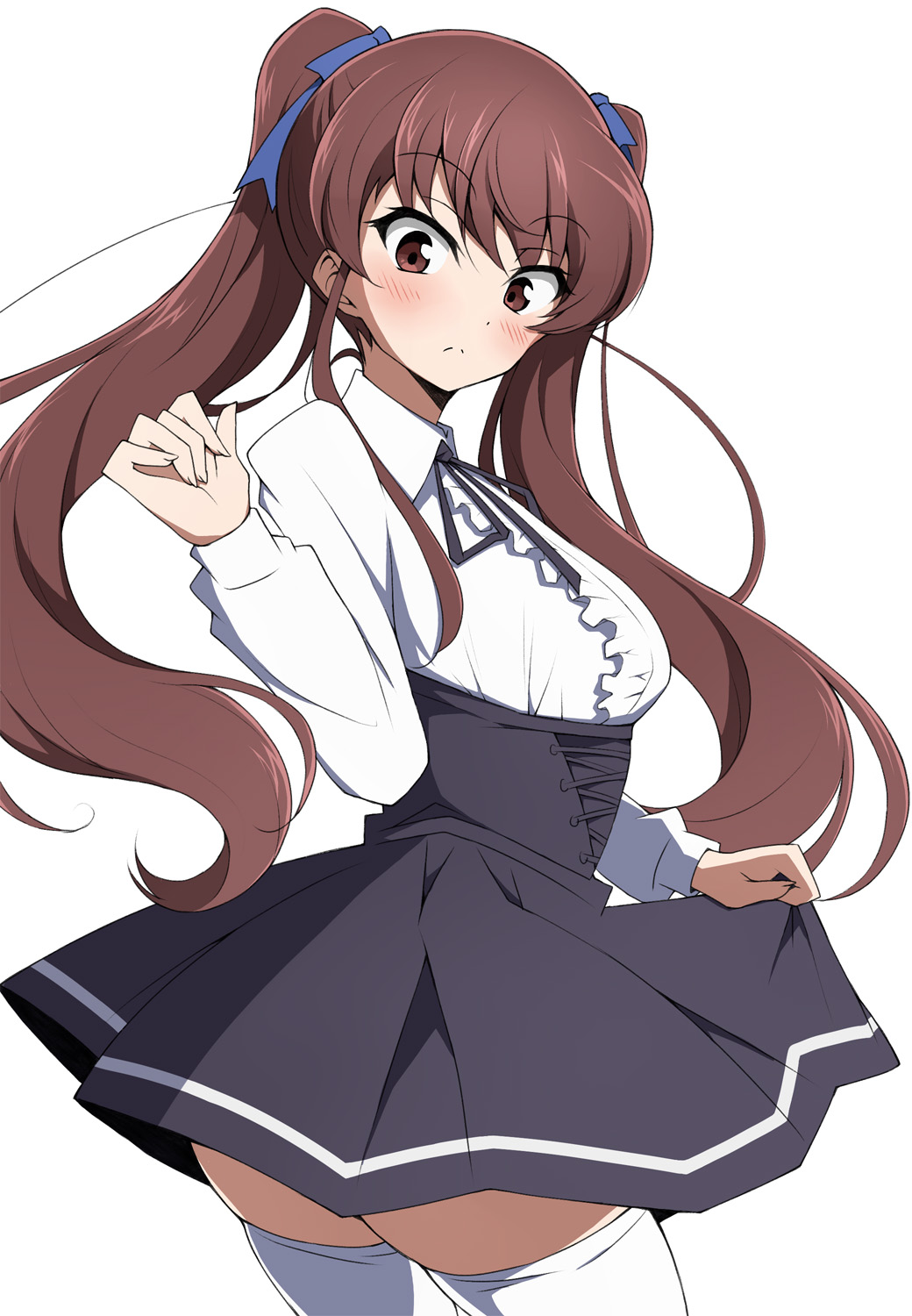 1girl akazawa_izumi another black_skirt blush center_frills frilled_shirt frills from_behind high-waist_skirt highres long_hair looking_back meme_attire nel-c shirt simple_background skirt solo thighhighs twintails virgin_killer_outfit white_background white_thighhighs