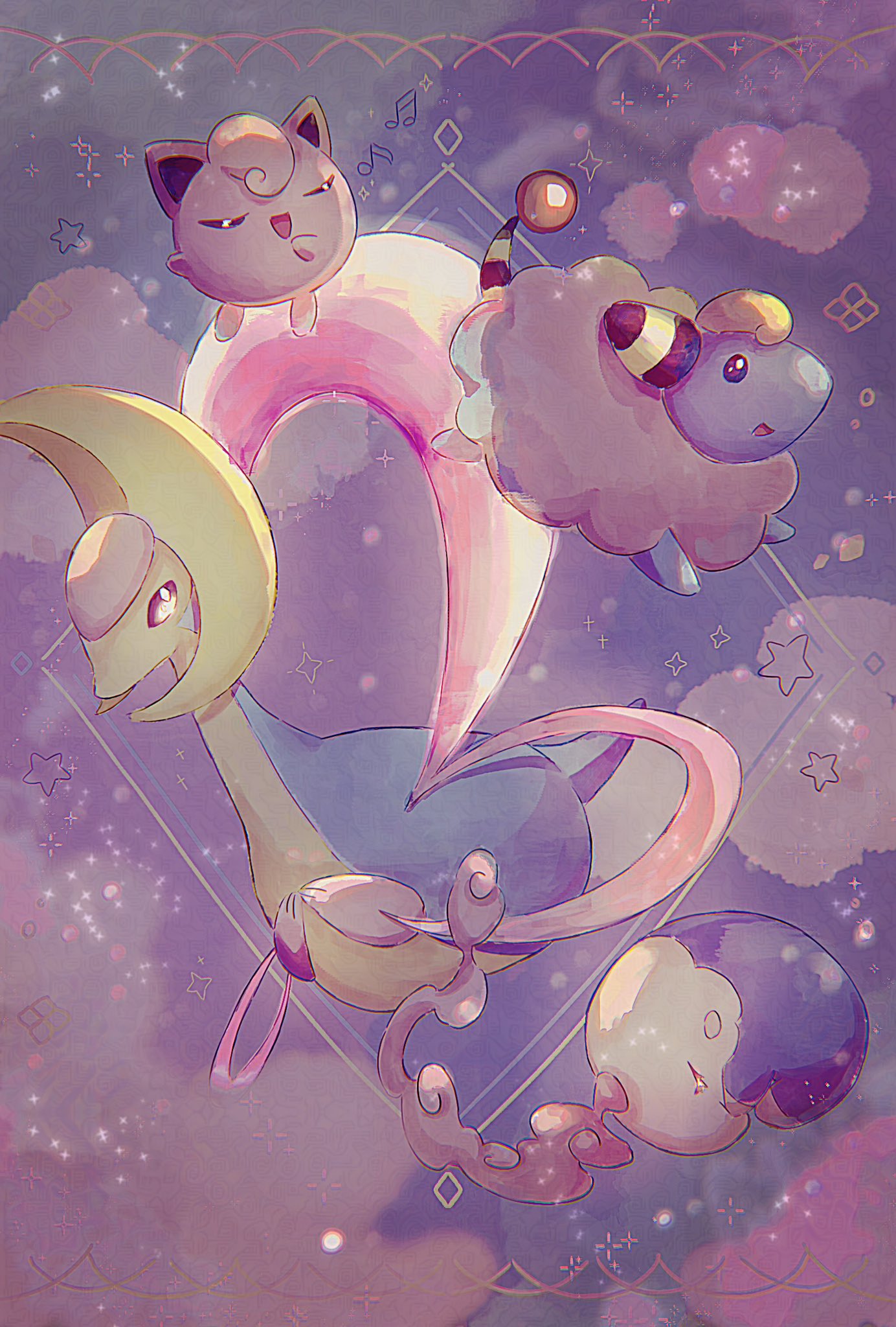 ank836 baku_(creature) black_eyes blue_skin blush_stickers bright_pupils closed_eyes cloud colored_sclera colored_skin cresselia floating flying fog gas gen_1_pokemon gen_2_pokemon gen_4_pokemon highres horns jigglypuff legendary_pokemon mareep multicolored_skin music nintendo no_humans open_mouth pink_eyes pink_fur pink_sclera pink_skin pokemon pokemon_(creature) pokemon_focus purple_skin sheep short_tail singing solid_circle_eyes star_(sky) star_(symbol) tail two-tone_skin u_u white_pupils wool yellow_skin