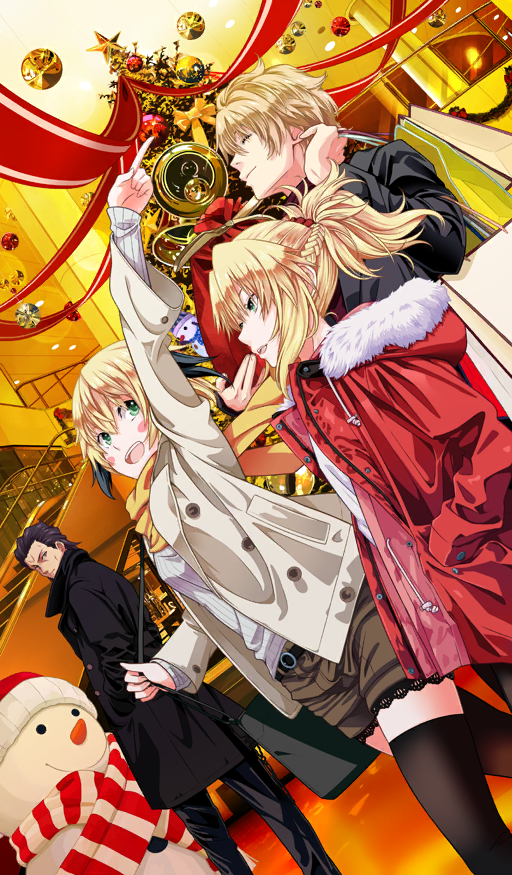 2boys 2girls agravain_(fate) arm_up bag belt black_belt black_coat black_jacket black_pants black_thighhighs blonde_hair blush_stickers braid breasts brother_and_sister brothers brown_shorts buttons christmas christmas_tree closed_eyes coat commentary dutch_angle family fate/grand_order fate_(series) fur-trimmed_coat fur_trim gareth_(fate) garland_(decoration) gawain_(fate) green_eyes hair_ornament hair_slicked_back hair_tie half-siblings hands_in_pockets hat holding holding_bag hood hood_down indoors jacket lace-trimmed_shorts lace_trim long_sleeves looking_at_another looking_back medium_breasts medium_hair mordred_(fate) multiple_boys multiple_girls official_alternate_costume official_art open_clothes open_coat open_mouth orange_scarf pants pointing ponytail purple_hair red_coat red_ribbon red_shirt ribbon santa_hat scarf shirt short_hair shorts shoulder_bag siblings sidelocks sisters smile snowman stairs sweater teeth thighhighs third-party_source tsukumo_(soar99) upper_teeth_only walking white_coat white_shirt white_sweater
