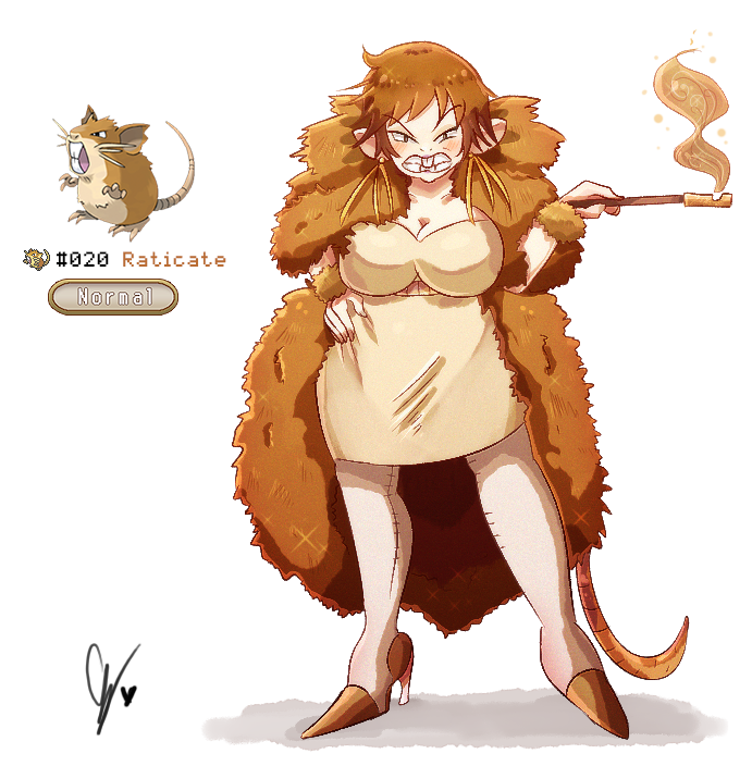 1girl breasts brown_dress brown_eyes brown_footwear brown_hair buck_teeth cape cigarette_holder cleavage commentary dress earrings endifi full_body fur_cape gen_1_pokemon grey_pantyhose hand_on_own_hip high_heels jewelry large_breasts mouse_girl nintendo pantyhose personification pokemon pokemon_(creature) raticate reference_inset signature smoke teeth