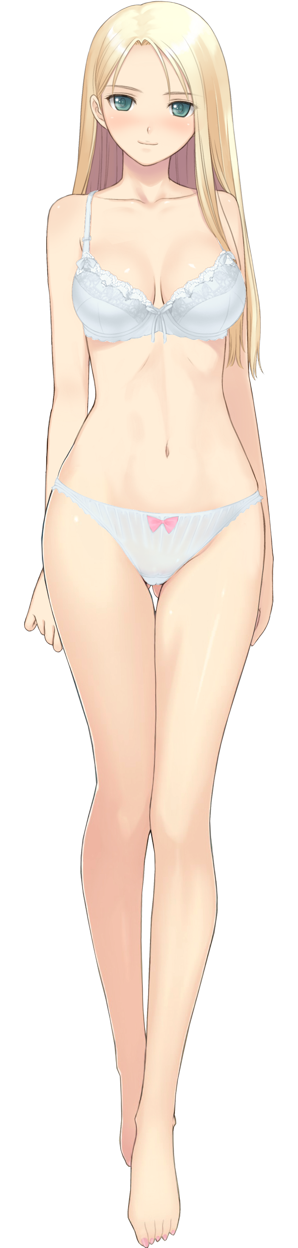 1girl absurdres barefoot blonde_hair blue_bra blue_panties blush bow bow_bra bow_panties bra breasts cleavage closed_mouth collarbone date_wingfield_reiko fault!! feet female_focus full_body gluteal_fold green_eyes groin highres large_breasts legs_together lingerie long_hair looking_at_viewer nail_(hardware) nail_polish navel official_art panties pink_nails seductive_smile shiny_skin smile solo standing thigh_gap toenail_polish toenails toes tony_taka underwear