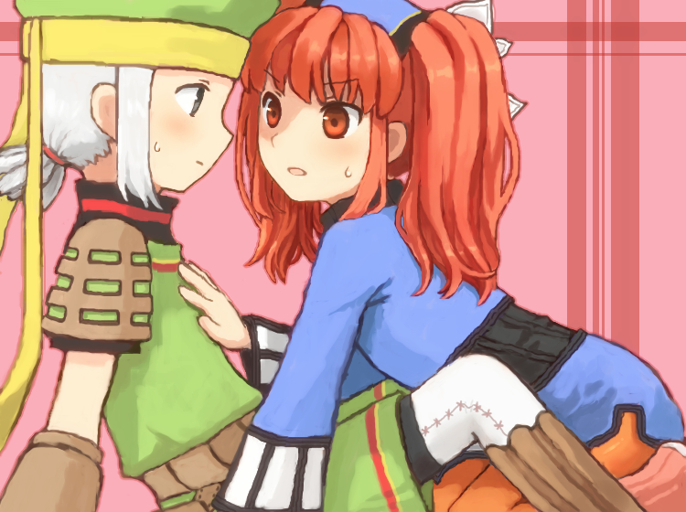 1boy 1girl :o :| black_undershirt blue_shirt closed_mouth dewprism eye_contact green_hat green_shirt grey_eyes hand_on_another&#039;s_chest hat hetero kneeling light_blush long_hair looking_at_another low_ponytail medium_hair mint_(dewprism) orange_eyes orange_hair orange_pantyhose pantyhose parted_lips pink_background ponytail rue_(dewprism) shirt short_ponytail sidelocks sweatdrop twintails ujf2030 white_hair