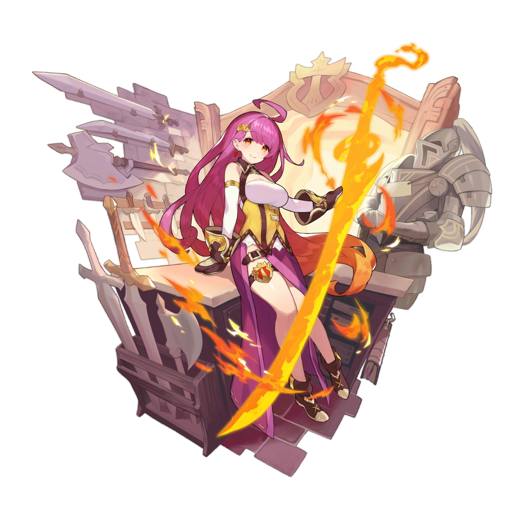 1girl ahoge armor axe belt breasts cleavage_cutout clothing_cutout dragalia_lost female_focus fire forge full_body gloves holding huge_weapon katana large_breasts long_hair looking_at_viewer non-web_source official_art purple_hair red_eyes rena_(dragalia_lost) saitou_naoki sitting smile solo sword thigh_strap transparent_background weapon weapon_rack