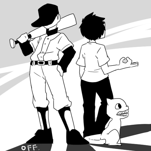 1other 2boys baseball_bat baseball_cap baseball_uniform black_hair cat hat looking_away lowres monochrome multiple_boys off_(game) shirt smile sportswear ss1313 the_batter_(off) the_judge_(off) white_shirt zacharie_(off)