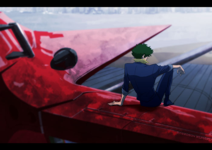 1boy cowboy_bebop green_hair science_fiction sitting spike_spiegel swordfish_ii