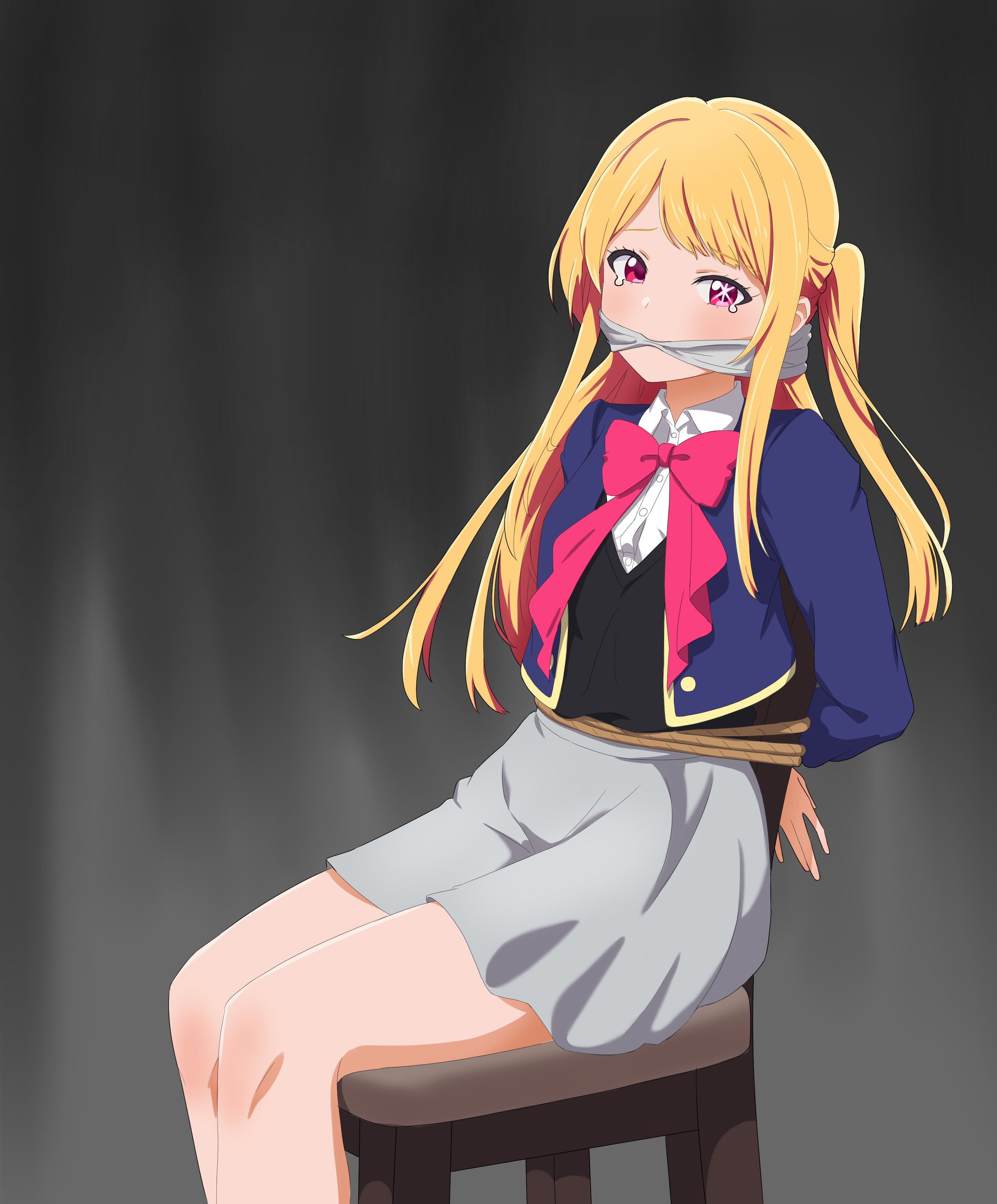 1girl absurdres arms_behind_back black_vest blonde_hair blue_jacket bound bow chair cloth_gag collared_shirt commentary cropped_jacket crying gag gagged grey_skirt highres hoshino_ruby improvised_gag jacket long_hair long_sleeves one_side_up oshi_no_ko pink_bow pink_eyes pink_ribbon restrained ribbon rogi0615 school_uniform shirt sidelocks sitting skirt solo star-shaped_pupils star_(symbol) symbol-shaped_pupils vest white_shirt youtou_high_school_uniform