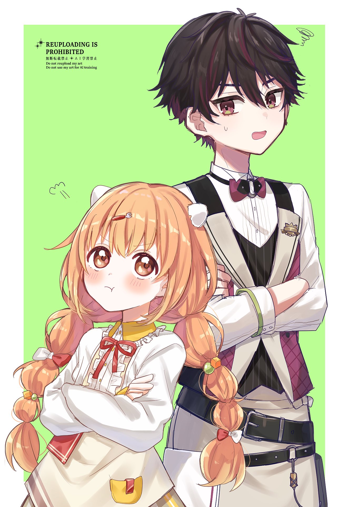 1boy 1girl :t apron belt belt_buckle black_belt black_hair black_vest blush border bow bowtie braid brown_apron brown_skirt buckle center_frills closed_mouth collared_shirt commentary_request crossed_arms crossed_bangs cube_hair_ornament egg_hair_ornament food-themed_hair_ornament fork_hair_ornament frilled_shirt_collar frills green_background green_eyes hair_between_eyes hair_bobbles hair_bow hair_ornament highres kirara_tamako kirara_tamako_(1st_costume) lapels long_hair long_sleeves multicolored_eyes multicolored_hair neck_ribbon nijisanji open_mouth orange_eyes orange_hair outside_border pocket pout purple_bow purple_bowtie purple_hair purple_vest red_bow red_ribbon ribbon sakayori_soma sakayori_soma_(1st_costume) shirt short_hair sidelocks simple_background skirt squiggle streaked_hair striped_clothes striped_skirt sweatdrop twin_braids two-tone_eyes v-shaped_eyebrows vest virtual_youtuber watermark white_border white_bow white_shirt yotsuba_kuro