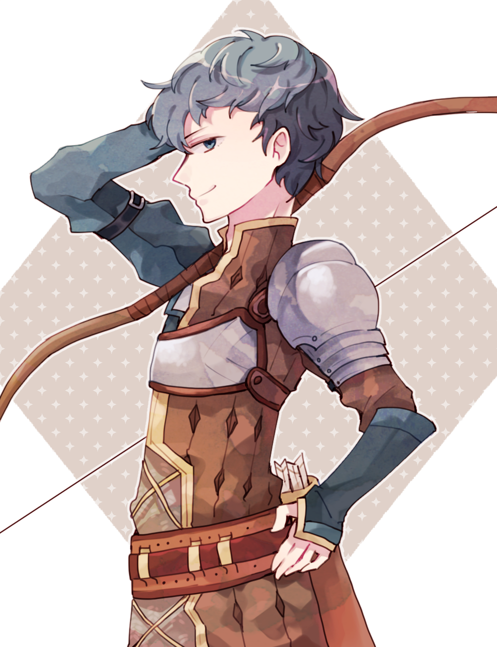 1boy armor arrow_(projectile) bad_id bad_pixiv_id blue_eyes blue_hair bow_(weapon) fire_emblem fire_emblem_echoes:_shadows_of_valentia highres male_focus nintendo python_(fire_emblem) quiver simple_background solo sushitarou upper_body weapon white_background