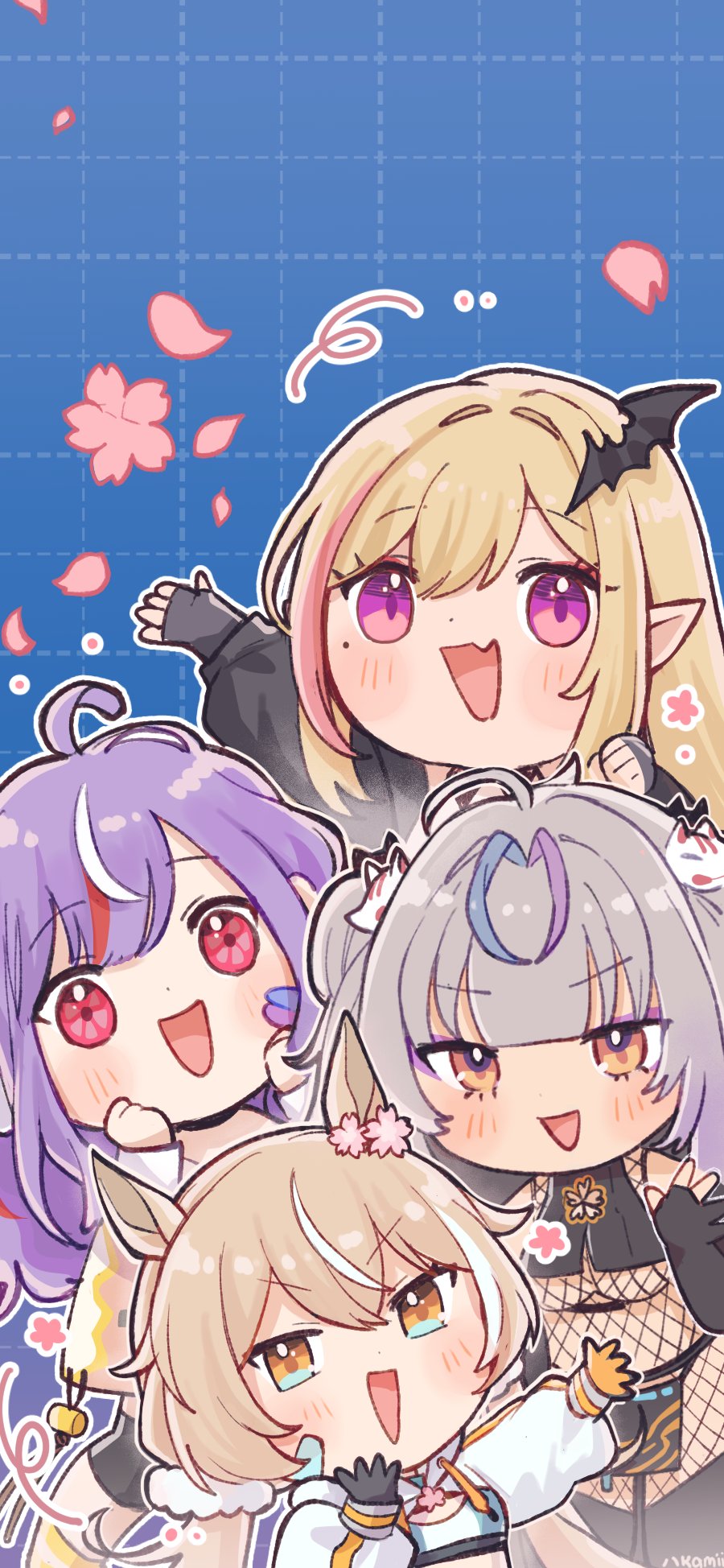 4girls ahoge animal_ears bandaid bandaid_on_cheek bandaid_on_face bat_hair_ornament biscotti_(vtuber) blonde_hair blue_eyes bodystocking breasts brown_eyes brown_hair cherry_blossoms chibi chibi_only cropped_hoodie fang fingerless_gloves fishnet_bodystocking fishnets flower fox_hair_ornament gloves grey_hair hair_flower hair_ornament hakamii highres hood hoodie horse_girl kou_mariya large_breasts long_hair looking_at_viewer mole mole_under_eye mono_monet multicolored_eyes multicolored_hair multiple_girls open_mouth orange_gloves pink_hair pink_streaks pointy_ears purple_eyes purple_hair red_eyes red_hair scrunchie skin_fang smile streaked_hair twintails two-tone_gloves v4mirai virtual_youtuber white_hair white_hoodie white_scrunchie yae_yugiri yellow_eyes