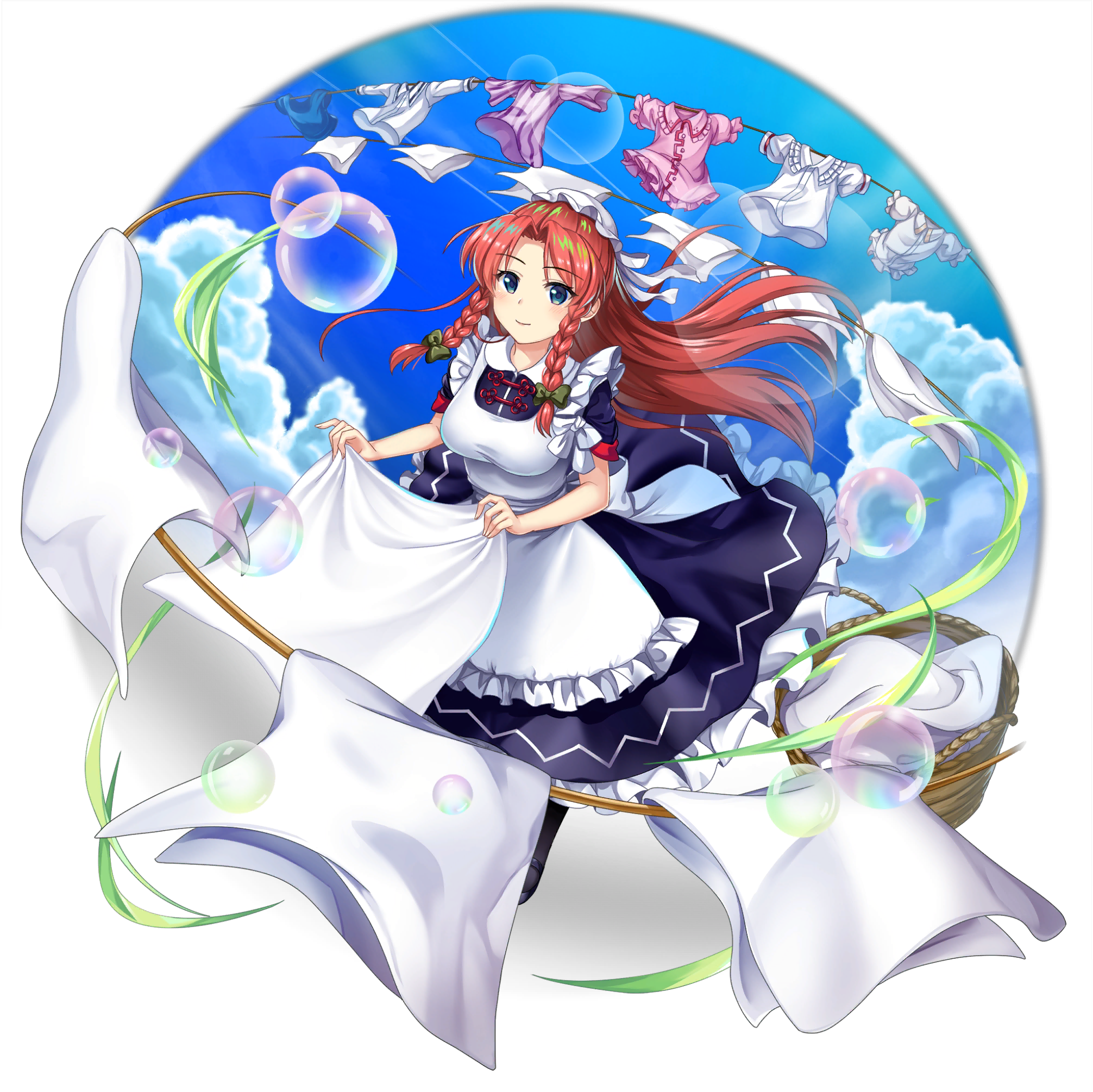 1girl alternate_costume apron basket bed_sheet blue_dress blue_eyes blue_sky blush bow braid breasts closed_mouth clothesline cloud day dress enmaided frilled_dress frills game_cg green_bow highres holding holding_sheet hong_meiling hong_meiling_(chinese_maid_for_the_day) large_breasts long_hair looking_at_viewer maid maid_apron official_art outdoors red_hair rotte_(1109) side_braids sky smile soap_bubbles solo third-party_source touhou touhou_lostword transparent_background twin_braids white_apron