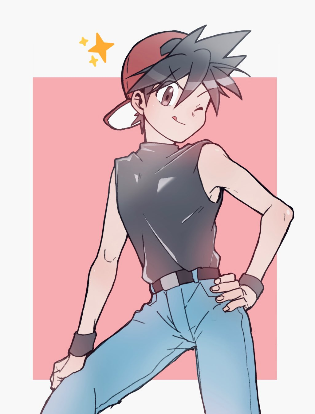 1boy backwards_hat ca_pkmn hat highres male_focus md5_mismatch nintendo one_eye_closed pokemon pokemon_adventures red_(pokemon) sleeveless solo tongue tongue_out wink