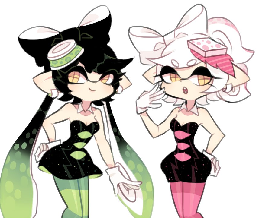 2girls bad_id bad_twitter_id bare_arms bare_shoulders black_dress black_hair bow-shaped_hair breasts bubble_skirt callie_(splatoon) callie_(squid_sisters_outfit)_(splatoon) cephalopod_eyes charamells cleavage closed_mouth collar color_switch cousins cowboy_shot cup_on_head detached_collar dress ear_piercing earrings eyelashes food food-themed_hair_ornament gloves green_hair green_pantyhose hair_ornament hand_on_own_hip hand_up hoop_earrings jewelry light_blush long_hair looking_at_viewer low_twintails marie_(splatoon) marie_(squid_sisters_outfit)_(splatoon) mole mole_under_eye multiple_girls nintendo open_mouth pantyhose piercing pink_pantyhose pointy_ears short_dress short_hair simple_background skirt small_breasts smile splatoon_(series) strapless strapless_dress sushi teeth tentacle_hair twintails two-sided_dress two-sided_fabric very_long_hair white_background white_collar white_gloves white_hair yellow_eyes