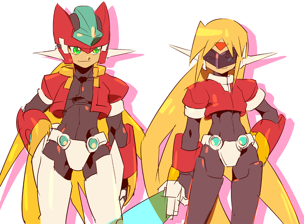 armor assault_visor black_bodysuit blonde_hair bodysuit cropped_jacket energy_sword facial_mark forehead_jewel forehead_mark girouette_(mega_man) hand_on_own_hip helmet holding holding_sword holding_weapon jacket kon_(kin219) long_hair looking_at_another mega_man_(series) mega_man_zx mega_man_zx_advent model_z_(mega_man) model_zx_(mega_man) one_eye_closed open_clothes open_jacket power_armor red_armor red_helmet red_jacket sword trait_connection vent_(mega_man) weapon white_background z_saber