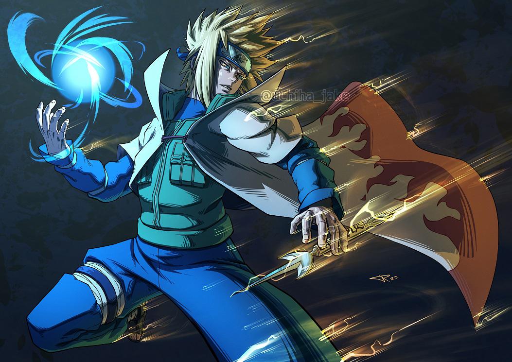 1boy artist_name blonde_hair blue_eyes blue_pants coat commentary energy energy_ball english_commentary flak_jacket forehead_protector high_collar jacket konohagakure_symbol kunai layered_sleeves long_sleeves male_focus namikaze_minato naruto_(classic) naruto_(series) ninja open_hand pants rasengan short_hair sidelocks signature solo spiked_hair teeth uchiha_jake weapon white_coat