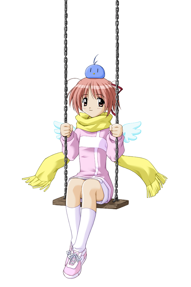 1boy 1girl 2000s_(style) abstract_background animal animal_on_head antenna_hair aoi_(bird)_(tentama) aqua_bird archived_source black_eyes blush chain closed_mouth cowboy_shot detached_wings hair_ribbon karin_(tentama) kindle_imagine_develop kneehighs looking_at_viewer matsuo_yukihiro miniskirt official_art on_head pink_eyes pink_hair pink_shoes pink_sleeve_cuffs pink_sweater ponytail red_ribbon ribbon scarf second-party_source shoes short_hair silver_chain sitting skirt sleeve_cuffs sneakers socks solid_oval_eyes solo_focus sweater swing_set tentama tentama:_1st_sunny_side white_background white_skirt white_socks white_wings wings yashiro_shizuka yellow_scarf