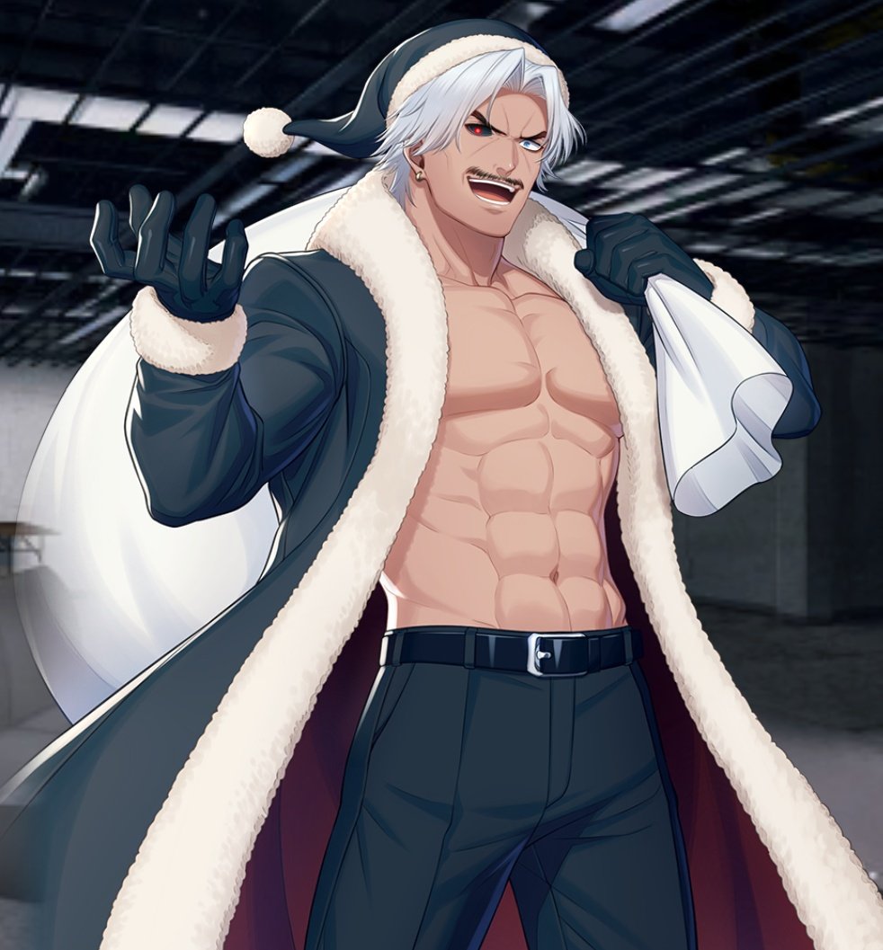 1boy abs arm_up artificial_eye bara belt black_pants blue_eyes blurry blurry_background coat earrings facial_hair fur-trimmed_coat fur_trim gloves hat jewelry kuren large_pectorals looking_at_viewer male_focus mature_male mechanical_eye muscular muscular_male mustache navel omega_rugal open_mouth pants pectoral_cleavage pectorals rugal_bernstein santa_costume santa_hat short_hair solo the_king_of_fighters white_hair