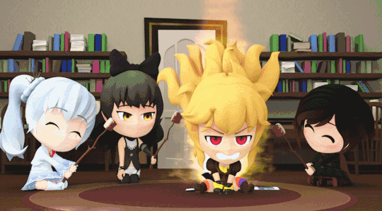 3d 4girls angry animated black_hair blake_belladonna blonde_hair cape chibi fire food marshmallow multiple_girls ruby_rose rwby rwby_chibi weiss_schnee yang_xiao_long