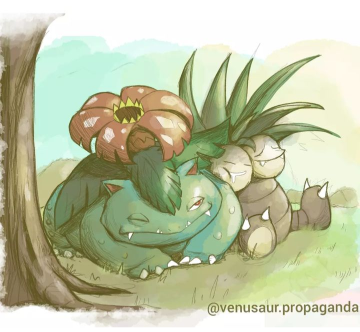 artist_name claws closed_mouth drooling exeggutor fangs game_freak gen_1_pokemon grass mouth_drool nintendo no_humans nostrils one_eye_closed outdoors pokemon pokemon_(creature) red_eyes sitting sleeping sleeping_upright smile tree under_tree venusaur venusaur-propaganda