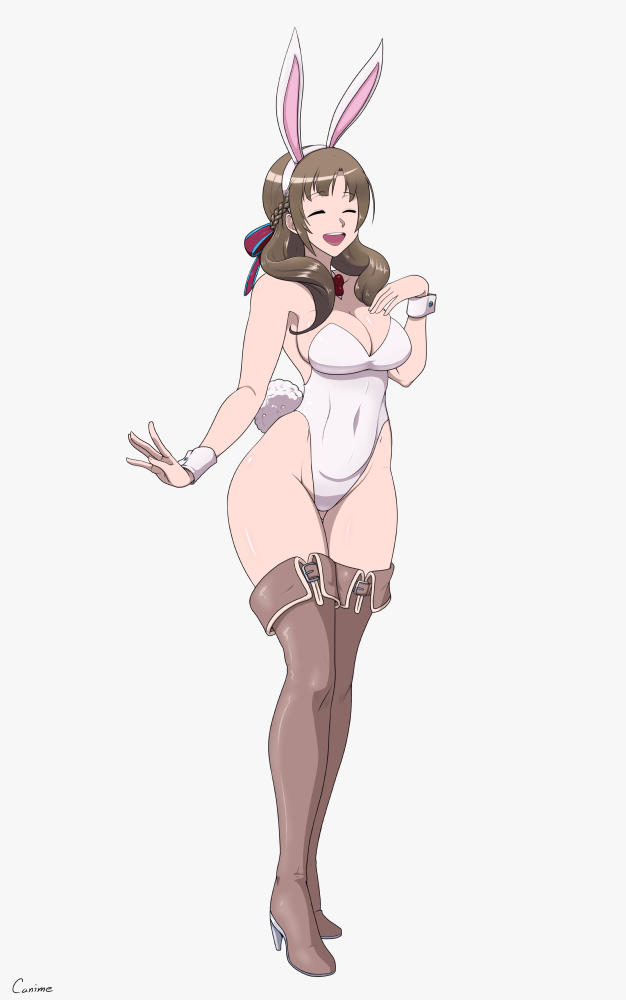1girl animal_ears bare_shoulders boots breasts brown_hair canime cleavage closed_eyes covered_navel fake_animal_ears female_focus full_body happy high_heel_boots high_heels large_breasts leotard long_hair mature_female oosuki_mamako open_mouth playboy_bunny rabbit_ears simple_background smile solo standing teeth thigh_boots thighhighs thighs tsuujou_kougeki_ga_zentai_kougeki_de_ni-kai_kougeki_no_okaasan_wa_suki_desu_ka? upper_teeth_only white_background wrist_cuffs