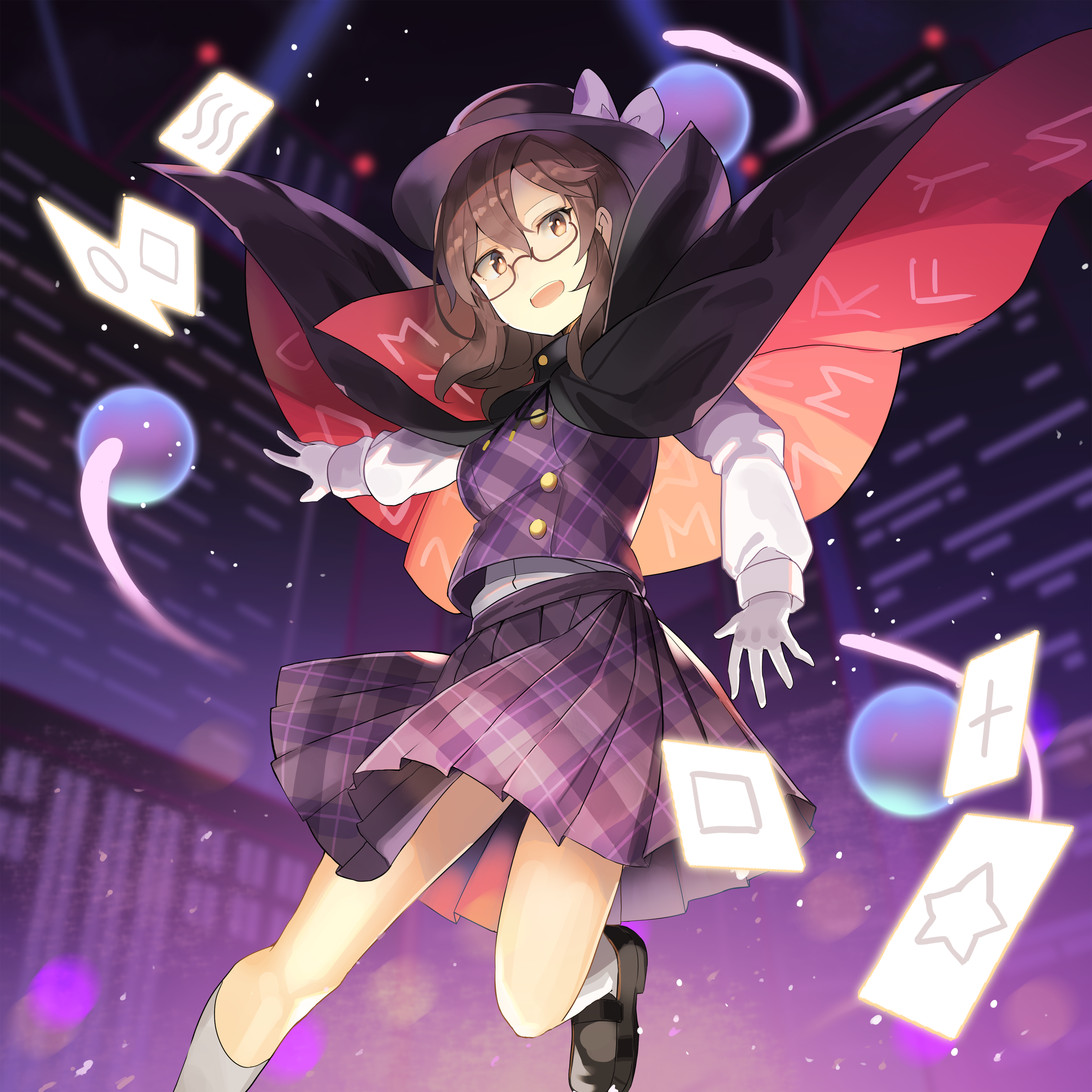 1girl absurdres black_shoes bow brown_eyes brown_hair building cape city_lights cityscape clothes_writing commentary_request cross falken_(yutozin) fedora floating_cape glasses gloves hat hat_bow highres huge_filesize long_sleeves looking_at_viewer medium_skirt occult_ball open_mouth plaid_clothes plaid_skirt plaid_vest pleated_skirt purple_skirt purple_vest runes semi-rimless_eyewear shoes skirt socks solo square star_(symbol) teeth touhou under-rim_eyewear upper_teeth_only usami_sumireko vest white_gloves white_socks zener_card