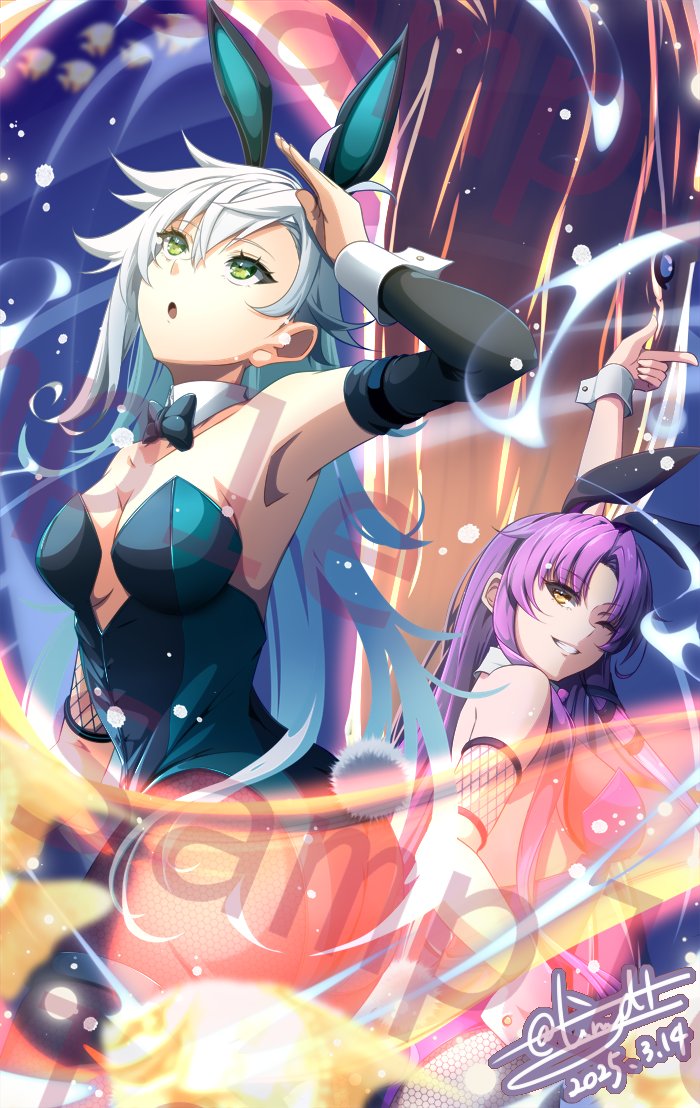2girls animal_ears armpit_crease armpits bow bowtie breasts cleavage curtained_hair dated detached_collar eiyuu_densetsu fake_animal_ears fie_claussell fishnet_pantyhose fishnets green_eyes green_leotard grin hair_between_eyes highleg highleg_leotard kuro_no_kiseki_(series) leotard looking_at_viewer medium_breasts multiple_girls one_eye_closed pantyhose parted_bangs playboy_bunny purple_leotard rabbit_ears renne_(eiyuu_densetsu) sample_watermark signature small_breasts smile strapless strapless_leotard tinybiard traditional_bowtie twitter_username watermark white_wrist_cuffs wrist_cuffs yellow_eyes