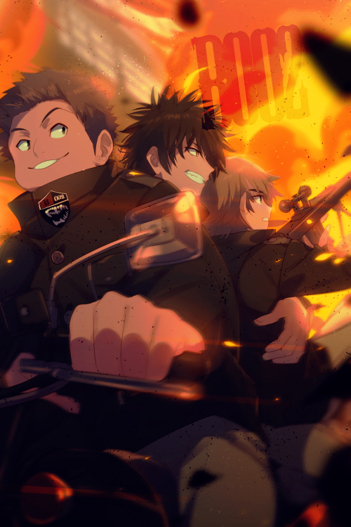 3boys aiming black_footwear black_hair black_jacket blurry boots brown_hair debris depth_of_field echo_(circa) ema_yuzuru explosion grey_pants grin gun holding holding_gun holding_weapon hug jacket kageura_masato kitazoe_hiro long_sleeves looking_away male_focus motor_vehicle motorcycle multiple_boys multiple_riders pants profile riding rifle sideways_glance smile sniper_rifle spiked_hair turtleneck uniform weapon world_trigger
