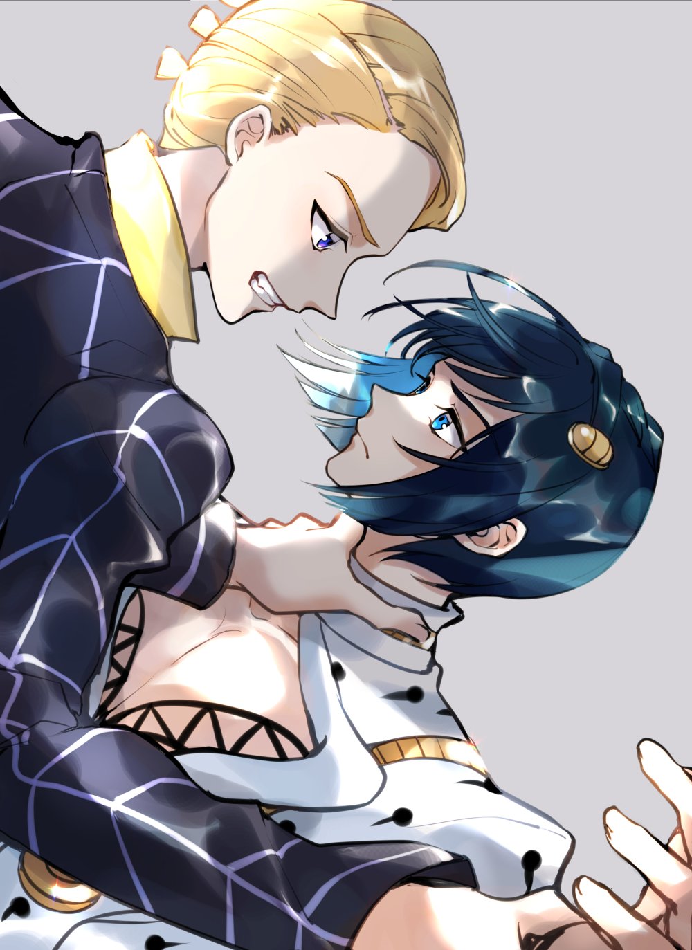 2boys black_jacket blonde_hair blue_eyes blue_hair blunt_bangs blunt_ends bob_cut bruno_bucciarati chest_tattoo cleavage_cutout clenched_teeth closed_mouth clothing_cutout collared_shirt commentary english_commentary eye_contact face-to-face falling fingernails frown furrowed_brow grey_background hair_ornament hairclip hand_on_another&#039;s_neck highres holding_another&#039;s_wrist jacket jojo_no_kimyou_na_bouken long_sleeves looking_at_another male_focus multiple_boys pectoral_cleavage pectorals prosciutto shirt short_hair simple_background tattoo teeth tiyi_(tiyi_a09) turtleneck turtleneck_shirt upper_body vento_aureo white_shirt yellow_shirt zipper