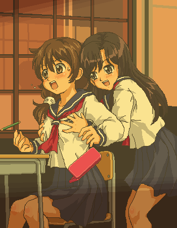 2girls black_eyes black_hair breasts brown_eyes brown_hair chair classroom desk famicom_tantei_club grabbing_another&#039;s_breast groping indoors jaggy_lines kasuga_(kasuga39) kojima_youko long_hair lowres multiple_girls nintendo oekaki pencil_case school school_desk school_uniform sepia serafuku sitting tachibana_ayumi yuri