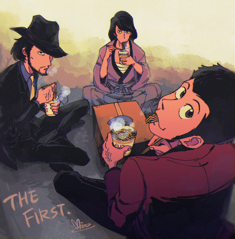 3boys arsene_lupin_iii beard black_pants black_suit blue_shirt box cardboard_box chopsticks collared_shirt cup eating facial_hair fedora food formal_clothes from_behind hakama hat hat_over_one_eye holding holding_chopsticks holding_cup indian_style ishikawa_goemon_xiii jacket japanese_clothes jigen_daisuke kimono looking_at_viewer lupin_iii male_focus medium_hair mino_(mino_cat) multiple_boys necktie noodles open_clothes open_jacket pants parted_lips red_jacket shirt short_hair sideburns sitting smile suit yellow_necktie