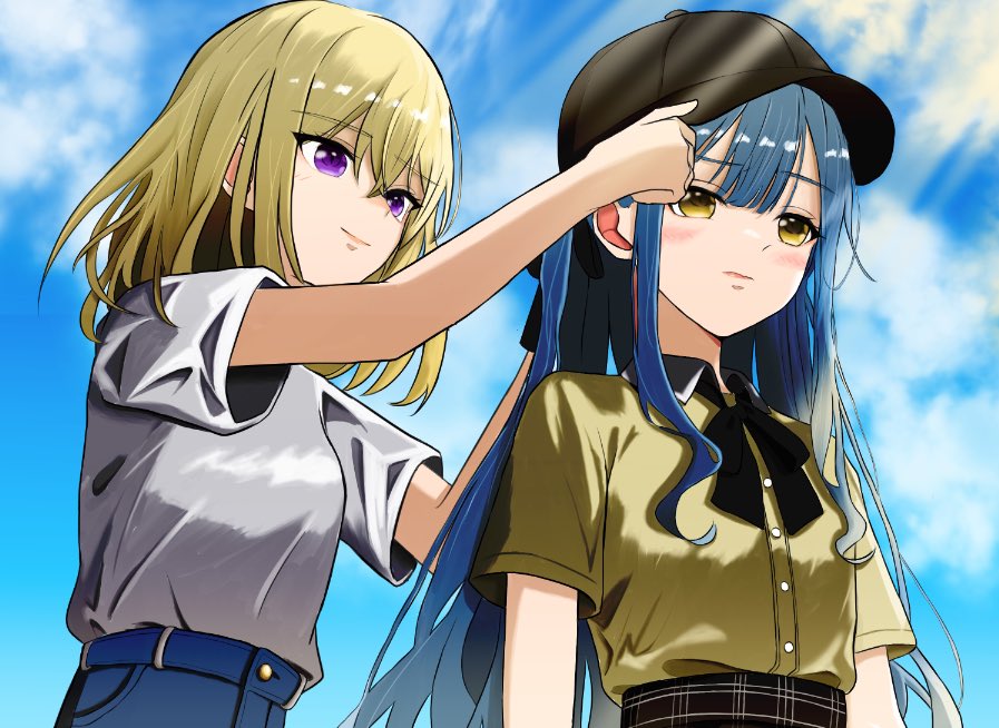 2girls bang_dream! bang_dream!_it&#039;s_mygo!!!!! baseball_cap black_hat blonde_hair commentary green_hair hashtag-only_commentary hat long_hair medium_hair misumi_uika momokan_1209 multiple_girls purple_eyes shirt short_sleeves sidelocks togawa_sakiko white_shirt yellow_shirt