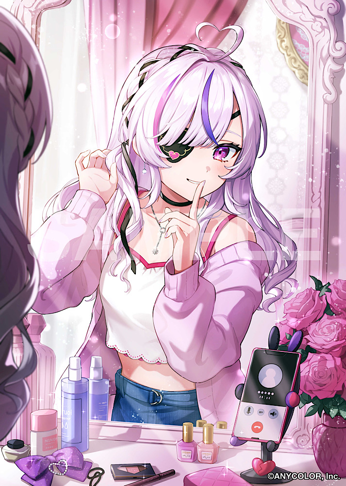 1girl ahoge bottle bow cellphone commentary_request copyright_notice cosmetics crop_top denim eyepatch finger_to_mouth flower hair_bow heart heart_ahoge jacket jeans makeup maria_marionette mirror multicolored_hair nail_polish_bottle nijisanji nijisanji_en official_art pants phone phone_stand pink_flower pink_jacket pink_rose purple_bow purple_eyes purple_hair rose sample_watermark shinishi_chiho shirt solo spaghetti_strap streaked_hair table unworn_bow vanity_table virtual_youtuber watermark white_shirt