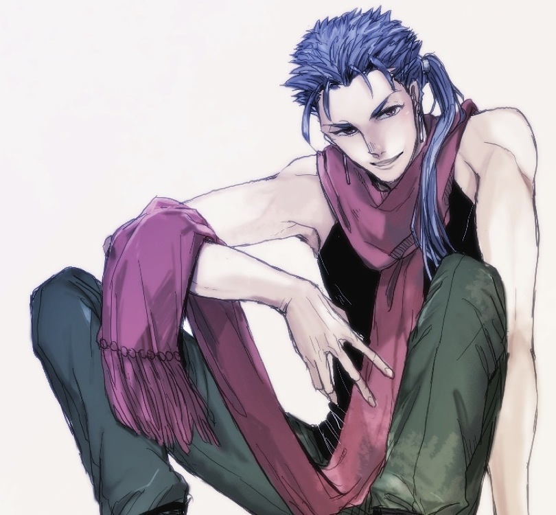 1boy 5_(femfamme) bad_id bad_pixiv_id bare_shoulders blue_hair casual cu_chulainn_(fate) cu_chulainn_(fate/stay_night) earrings fate/stay_night fate_(series) jewelry long_hair male_focus ponytail red_eyes scarf solo