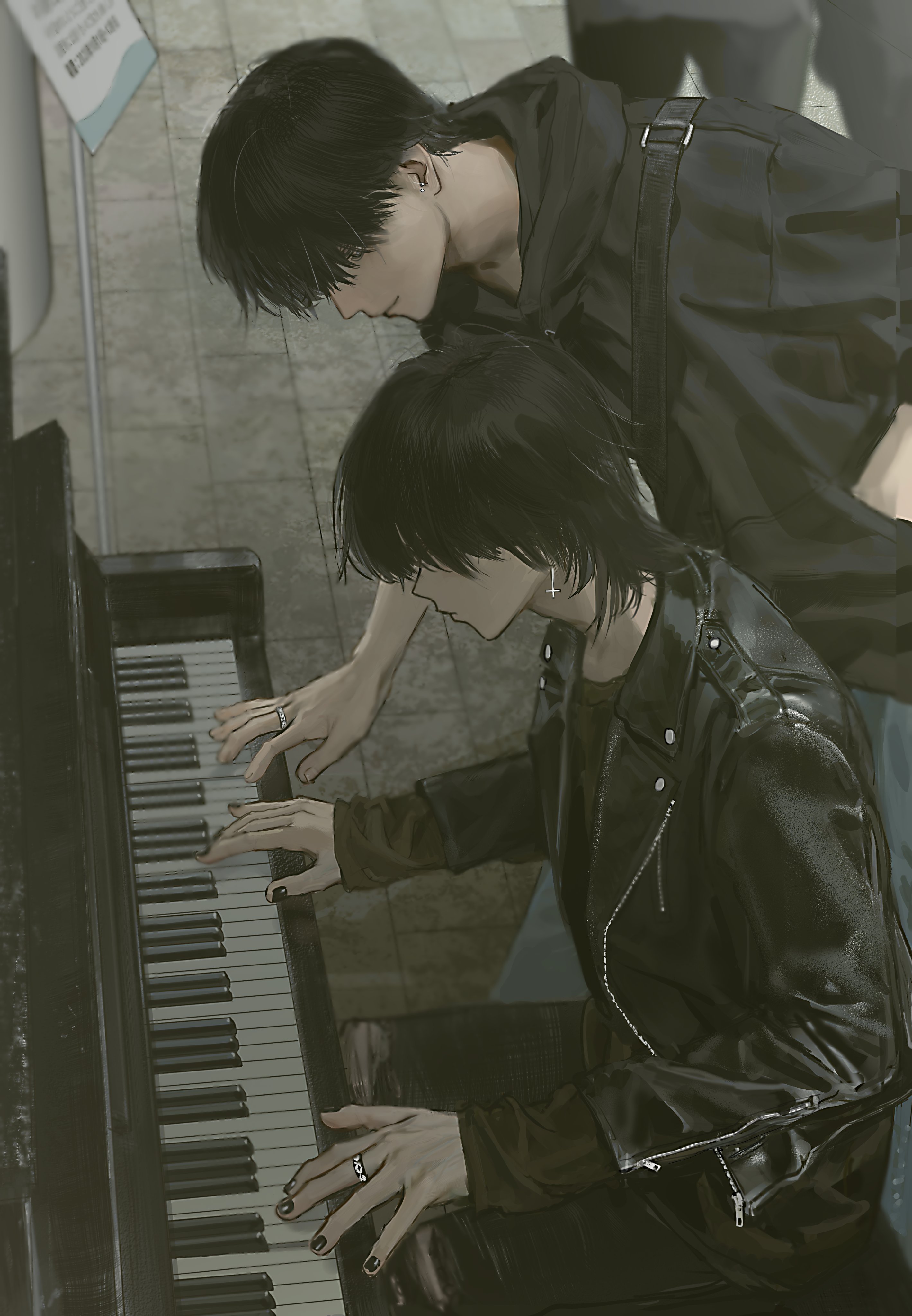 2boys absurdres black_hair black_hoodie black_jacket black_nails black_pantyhose closed_mouth cross earrings highres hirota_tsuu hood hood_down hoodie instrument inverted_cross inverted_cross_earrings jacket jewelry leather leather_jacket long_sleeves male_focus multiple_boys music nail_polish open_clothes open_jacket original pants pantyhose piano playing_instrument playing_piano ring short_hair sitting standing torn_clothes torn_pants zipper