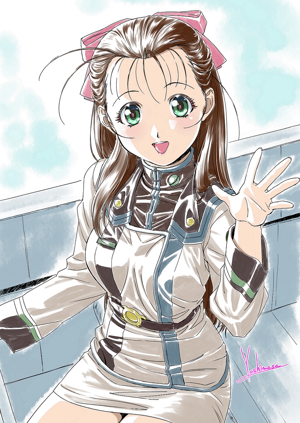 1girl belt birthday black_belt bow breasts brown_hair commentary green_eyes hair_bow hair_over_shoulder half_updo hand_up high_collar highres long_hair looking_at_viewer macross macross_7 medium_breasts miho_miho military_uniform miniskirt open_hand open_mouth pencil_skirt pink_bow shirt sitting skirt smile solo teeth upper_teeth_only very_long_hair waving white_shirt yoshinaga_masahiro