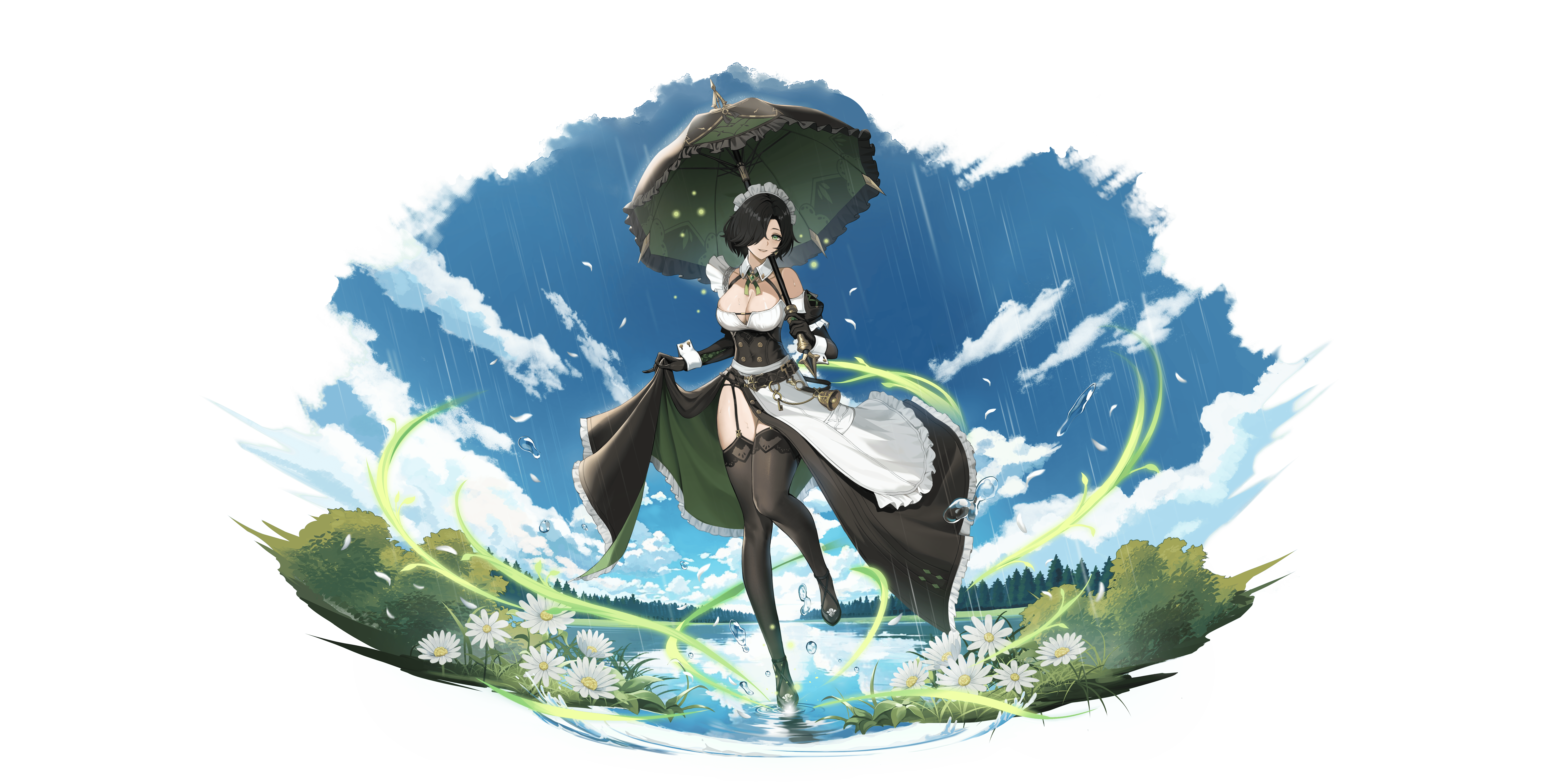 1girl absurdres apron belt black_belt black_dress black_gloves black_hair black_shoes black_thighhighs blue_sky border breasts cleavage cloud daisy day detached_sleeves diana_(rememento) dress florakinesis flower frilled_dress frilled_umbrella frills full_body garter_straps gloves green_eyes green_umbrella grin hair_over_one_eye highres juliet_sleeves large_breasts leg_up long_dress long_sleeves looking_at_viewer maid maid_headdress mature_female official_art outdoors panties panty_peek puffy_sleeves rain rememento:_white_shadow shoes short_hair side_slit single_bare_shoulder skirt_hold sky smile solo standing standing_on_one_leg thighhighs transparent_border umbrella umbrella_over_shoulder underwear wading waist_apron water water_drop white_apron white_flower