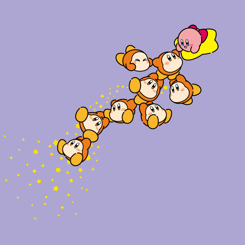 &gt;_&lt; :d artist_request blue_eyes blush blush_stickers brown_eyes closed_eyes kirby kirby_(series) nintendo no_mouth official_art open_mouth purple_background second-party_source simple_background smile sparkle star_(symbol) waddle_dee warp_star