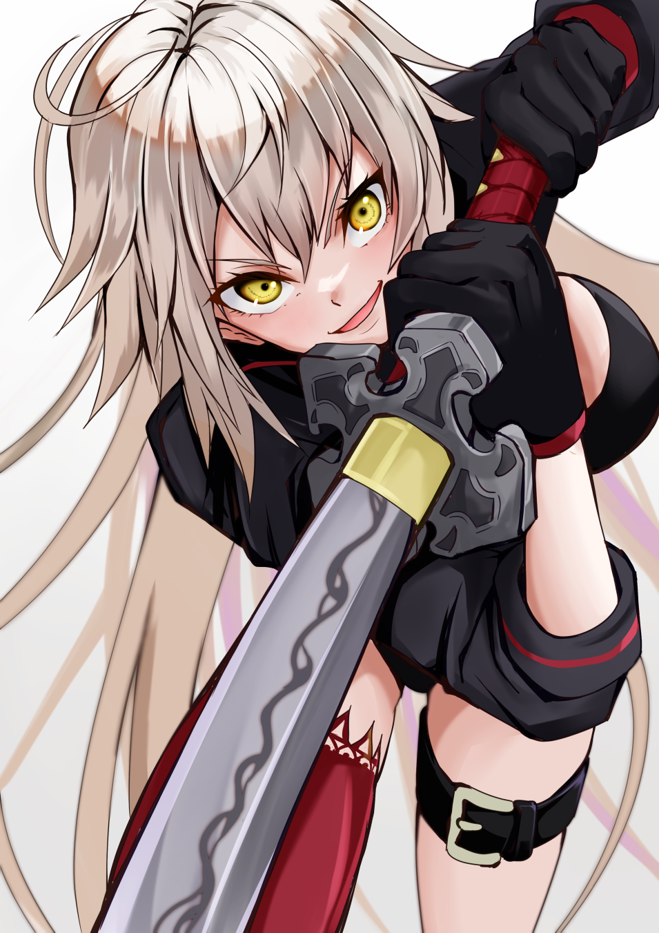 ahoge bikini black_bikini black_jacket breasts cleavage cropped_jacket fate/grand_order fate_(series) gloves hair_between_eyes highres jacket jeanne_d&#039;arc_alter_(fate) jeanne_d&#039;arc_alter_(swimsuit_berserker)_(fate) katana large_breasts long_hair looking_at_viewer multiple_swords red_thighhighs shrug_(clothing) single_thighhigh solo swimsuit sword thighhighs very_long_hair weapon white_hair yellow_eyes yuusaku_(nekorakuda)