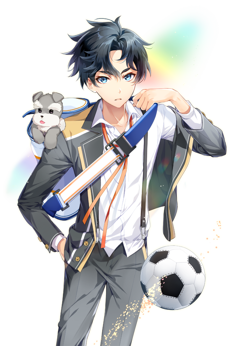 1boy bag ball black_hair black_pants blazer blue_eyes choi_(soccer_spirits) dog duffel_bag hand_in_pocket image_sample jacket long_sleeves looking_at_viewer male_focus naver_sample pants red_neckwear shirt soccer_ball soccer_spirits standing suspenders transparent_background tuuuh white_shirt