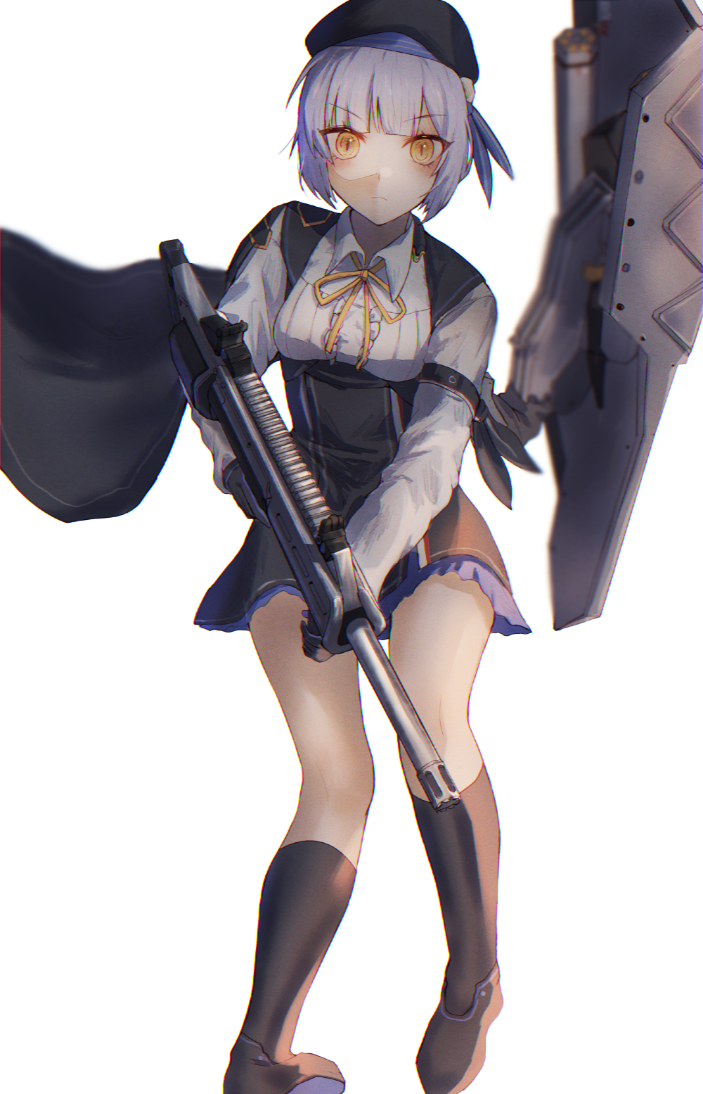 &gt;:( 1girl ballistic_shield beret black_socks blunt_bangs blush bullpup collared_shirt extended_barrel frilled_shirt frills full_body gas-seal_revolver girls&#039;_frontline gun hat highres integrally-suppressed_firearm kneehighs modular_weapon_system muzzle_device quick-change_barrel_system revolver_shotgun ribbon semi-automatic_shotgun shield shield_module shirt short_hair shotgun simple_background six12 six12_(girls&#039;_frontline) slit_pupils socks solo stand-alone_configuration transforming_weapon v-shaped_eyebrows weapon white_background xanax025 yellow_eyes