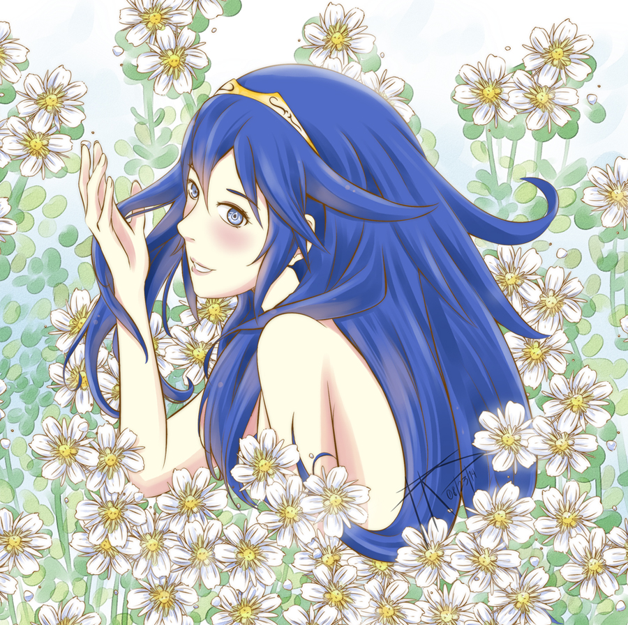 1girl armpits artistic_nudity bare_shoulders blue_eyes blue_hair blush breasts clenched_teeth convenient_censoring day eyelashes female_focus field fingernails fire_emblem fire_emblem_awakening flower flower_field gloves hair_between_eyes hand_up happy implied_nude intelligent_systems long_hair looking_at_viewer looking_to_the_side lucina_(fire_emblem) matching_hair/eyes nature neck nintendo no_bra nude nudist outdoors parted_lips sideboob sidelocks signature sky small_breasts smile suoh12 symbol-shaped_pupils teeth tiara topless_female unworn_gloves upper_body