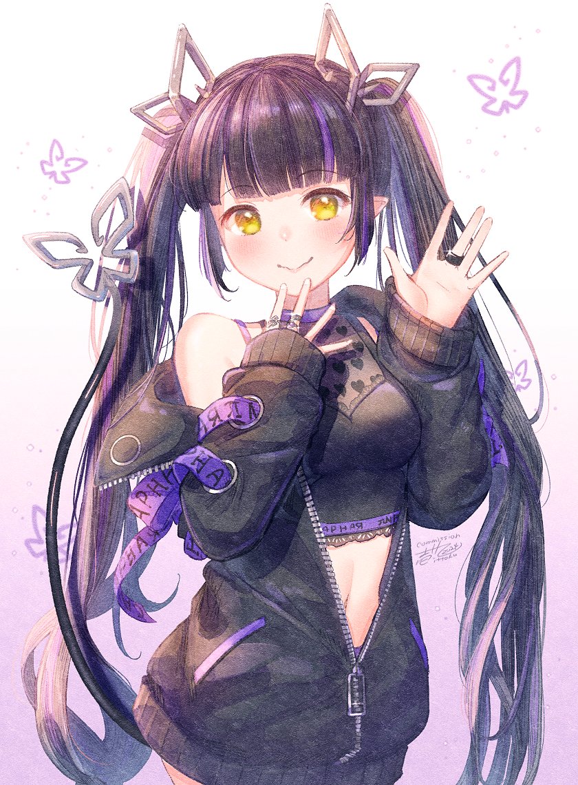 1girl black_hair black_jacket black_shirt blunt_bangs blush breasts closed_mouth commentary commission cowboy_shot crop_top demon_girl demon_horns demon_tail glint gradient_background heart heart_print horns ittokyu jacket jewelry kojo_anna kojo_anna_(1st_costume) long_hair long_sleeves looking_at_viewer medium_breasts midriff multicolored_hair nanashi_inc. navel off_shoulder open_clothes open_jacket pointy_ears print_shirt purple_background purple_hair ring shirt sleeveless sleeveless_shirt smile solo symbol-only_commentary tail twintails two-tone_hair virtual_youtuber waving yellow_eyes zipper