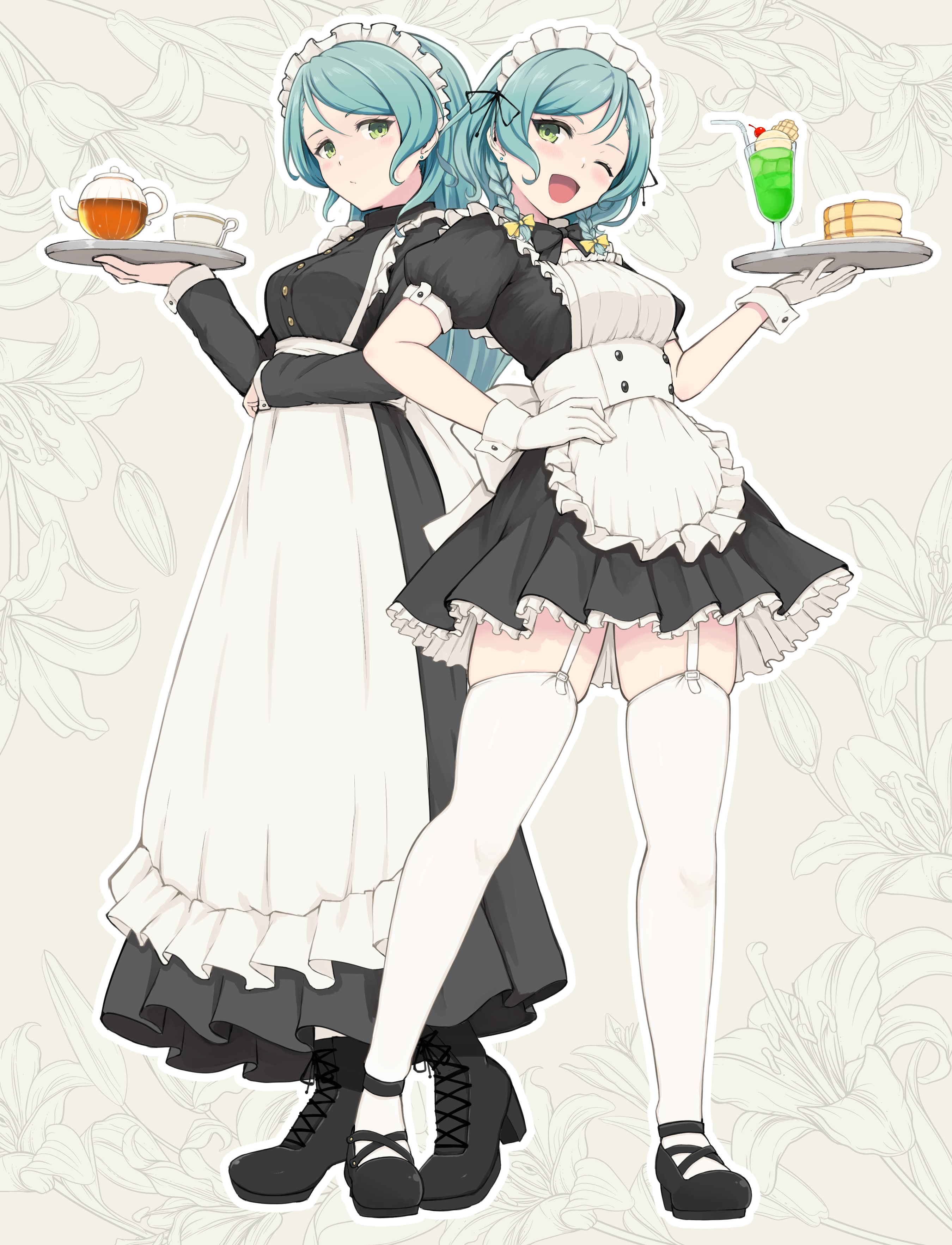 2girls ;d absurdres apron bang_dream! bendy_straw black_boots black_dress black_shoes blue_hair boots breasts commentary_request cup dress drinking_straw floral_background food frilled_apron frills garter_straps green_eyes grey_background hand_on_own_hip high_heel_boots high_heels highres hikawa_hina hikawa_sayo holding holding_tray juliet_sleeves lace-up_boots long_sleeves maid maid_apron maid_headdress medium_breasts multiple_girls one_eye_closed open_mouth pancake pancake_stack parfait pleated_dress puffy_short_sleeves puffy_sleeves saucer shoes short_sleeves siblings sisters smile teacup teapot temari_rin thighhighs tray twins white_apron white_thighhighs wrist_cuffs