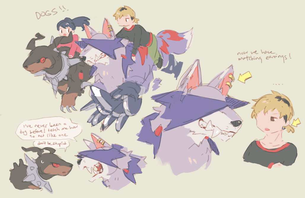 digimon digimon_survive dog looking_at_another mask sangloupmon sharp_teeth shibuya_aoi shinonome_kaito spikes teeth wolf