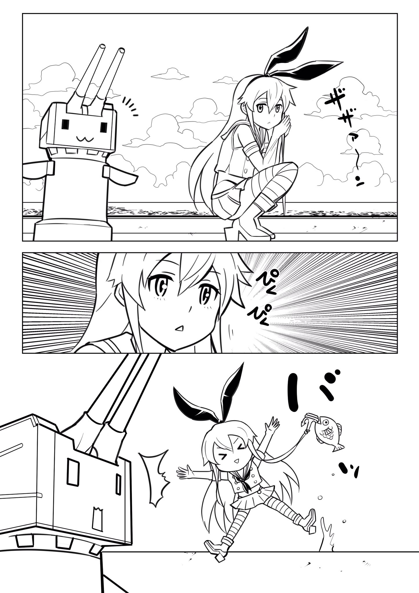 >_< 1girl anchor_hair_ornament animal_ears chibi closed_eyes comic elbow_gloves emphasis_lines fake_animal_ears fish fishing gloves greyscale hair_between_eyes hair_ornament highres inoue_kousei kantai_collection long_hair midriff monochrome ocean open_mouth own_hands_clasped own_hands_together pleated_skirt rabbit_ears rensouhou-chan school_uniform serafuku shimakaze_(kancolle) shirt sidelocks skirt sleeveless sleeveless_shirt smile squatting striped_clothes striped_thighhighs surprised thighhighs translation_request