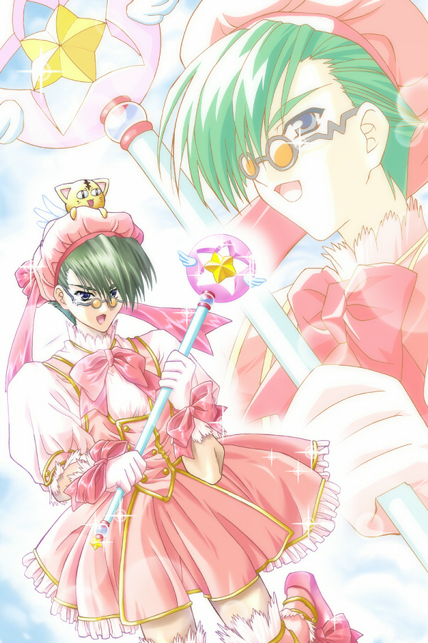 1boy blue_eyes bow card_master_peach card_master_peach_(cosplay) cat character_request comic_party commentary_request cosplay crossdressing dress foot_out_of_frame footwear_bow glove_bow gloves green_hair hat hat_bow holding holding_staff kneehighs kuhonbutsu_taishi lens_flare looking_to_the_side magical_girl male_focus mary_janes morino_kiriko multiple_views open_mouth pink_bow pink_dress pink_gloves pink_headwear pink_legwear pink_shoes shoes short_hair socks sparkle staff star_(symbol) sunglasses