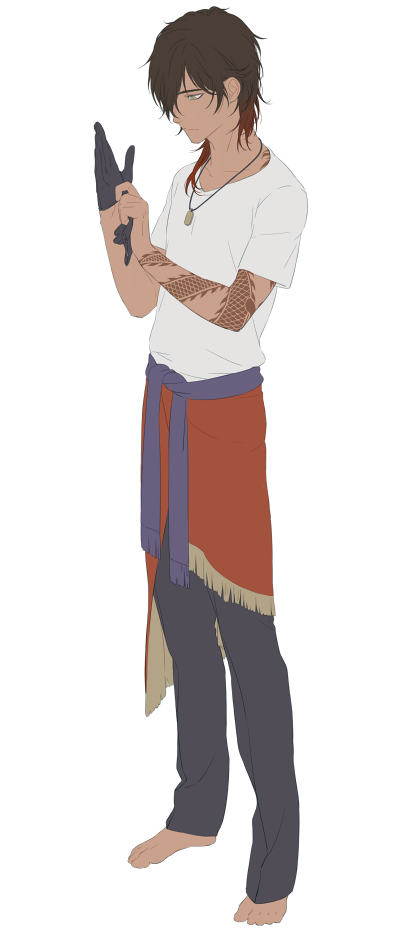 1boy arm_tattoo barefoot black_gloves black_hair black_pants closed_mouth dark-skinned_male dark_skin dragon_tattoo full_body gloves jewelry leuco male_focus multicolored_hair necklace ookurikara orange_hair pants purple_sash sash shirt simple_background solo tattoo touken_ranbu white_background white_shirt yellow_eyes