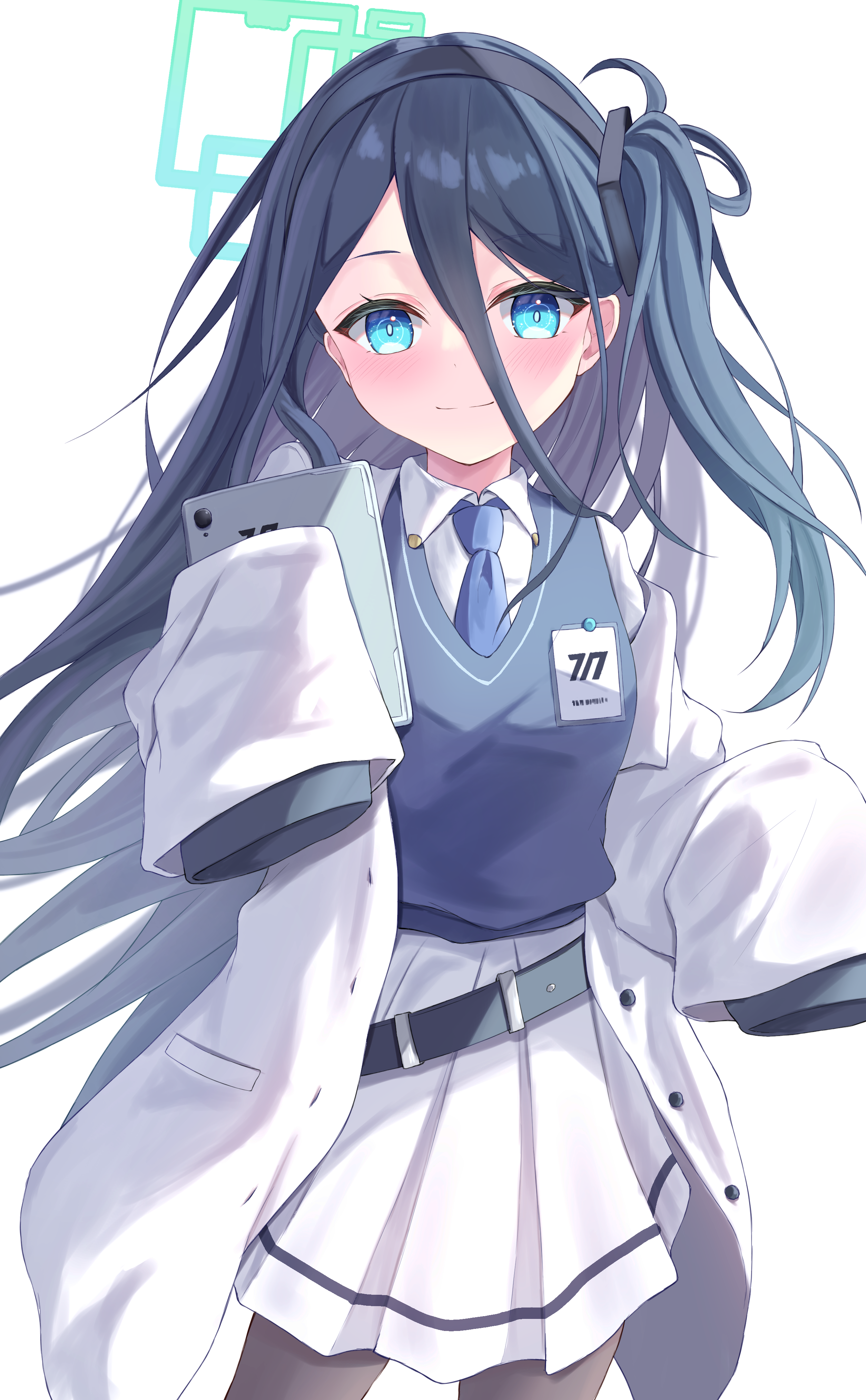 1girl absurdres alternate_costume aqua_eyes aqua_halo aris_(blue_archive) belt black_belt black_hairband black_pantyhose blue_archive blue_hair blue_necktie blue_vest blush bright_pupils buttons closed_mouth coat collared_shirt commentary_request cowboy_shot dot_nose floating_hair hair_between_eyes hairband halo hands_up highres holding hutaba_miyagi id_card lab_coat long_hair long_hair_between_eyes long_sleeves looking_at_viewer loose_belt millennium_science_school_logo necktie object_request off_shoulder one_side_up open_clothes open_coat pantyhose parted_bangs pleated_skirt pocket rectangular_halo ringed_eyes school_uniform shirt simple_background skirt sleeves_past_fingers sleeves_past_wrists smile split_mouth very_long_hair vest white_background white_coat white_shirt white_skirt