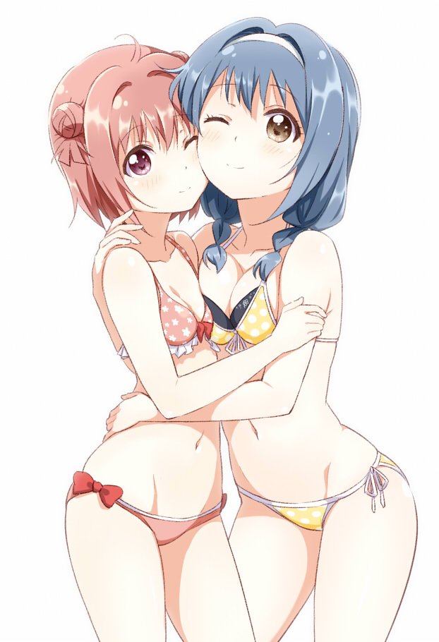 2girls akaza_akari bikini blue_hair blush breasts brown_eyes cleavage closed_mouth collarbone double_bun furutani_himawari groin hair_bun hair_ornament hairband hug large_breasts looking_at_viewer multiple_girls navel one_eye_closed pink_bikini polka_dot polka_dot_bikini red_hair shikou_sakugo_(qqap9gt9k) short_hair side-tie_bikini_bottom simple_background smile standing swimsuit white_background yellow_bikini yuri yuruyuri